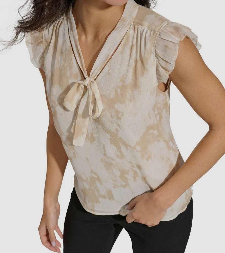 Calvin Klein Women's Beige Printed Cap-Sleeve Tie-Neck Top Size M MSRP $59