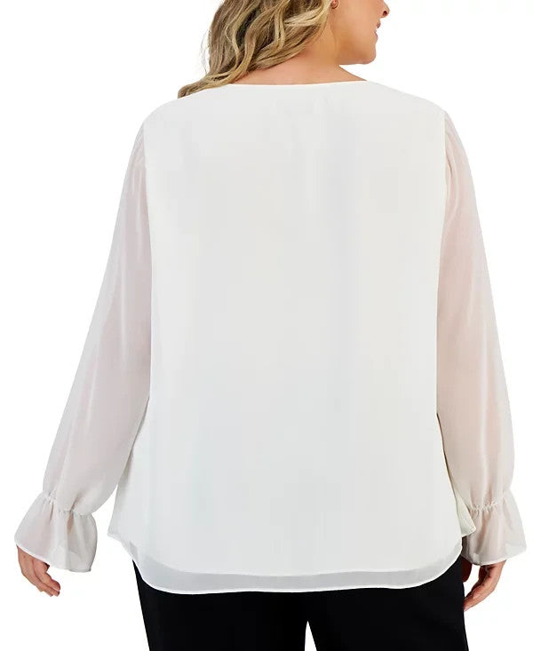 Kasper Plus Size 2X Double-Layer Long-Sleeve Chiffon Top Ivory MSRP $89