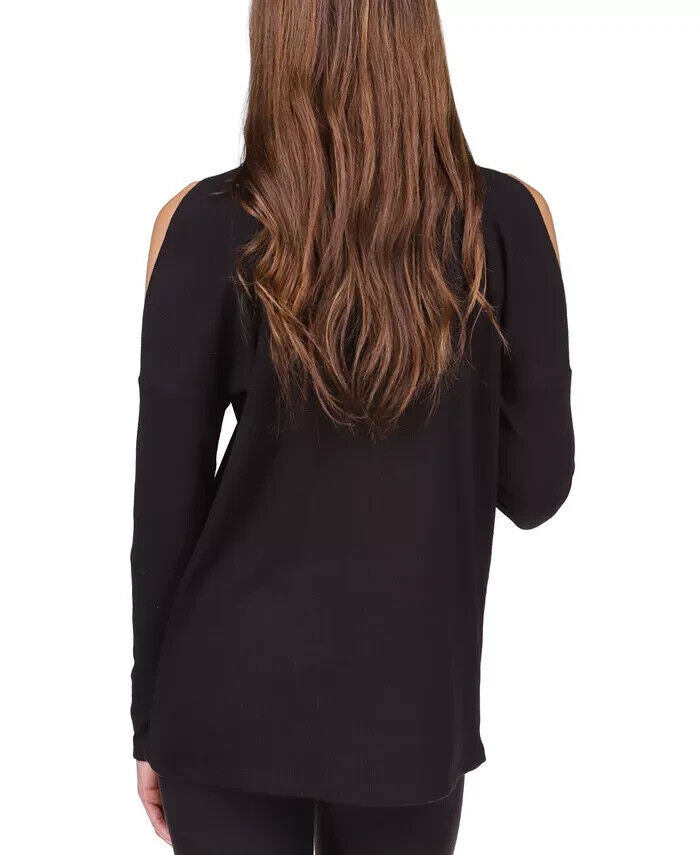 MICHAEL MICHAEL KORS Cold-Shoulder Waffle-Knit Top Black Size XXS MSRP $88