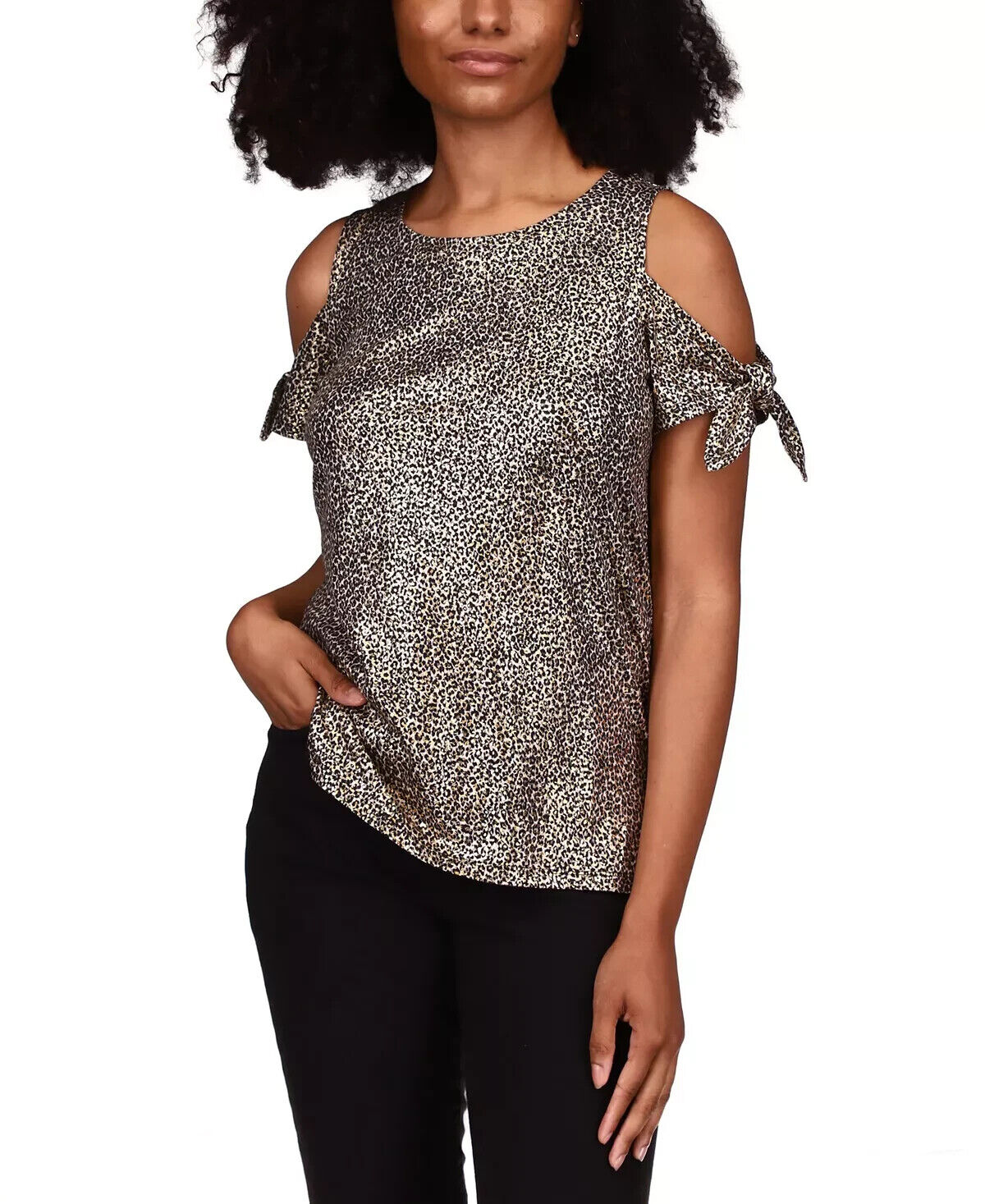 Michael Kors Foil Cold-Shoulder T-Shirt Gold Black Size M MSRP $58