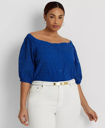 Lauren Ralph Lauren Women Off-The-Shoulder Top Blue Plus Size 2X MSRP $165