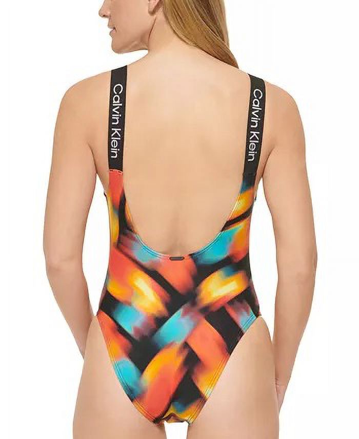 Calvin Klein BLACK MULTI Printed Low-Back One-Piece Logo Swimsuit, US Size S