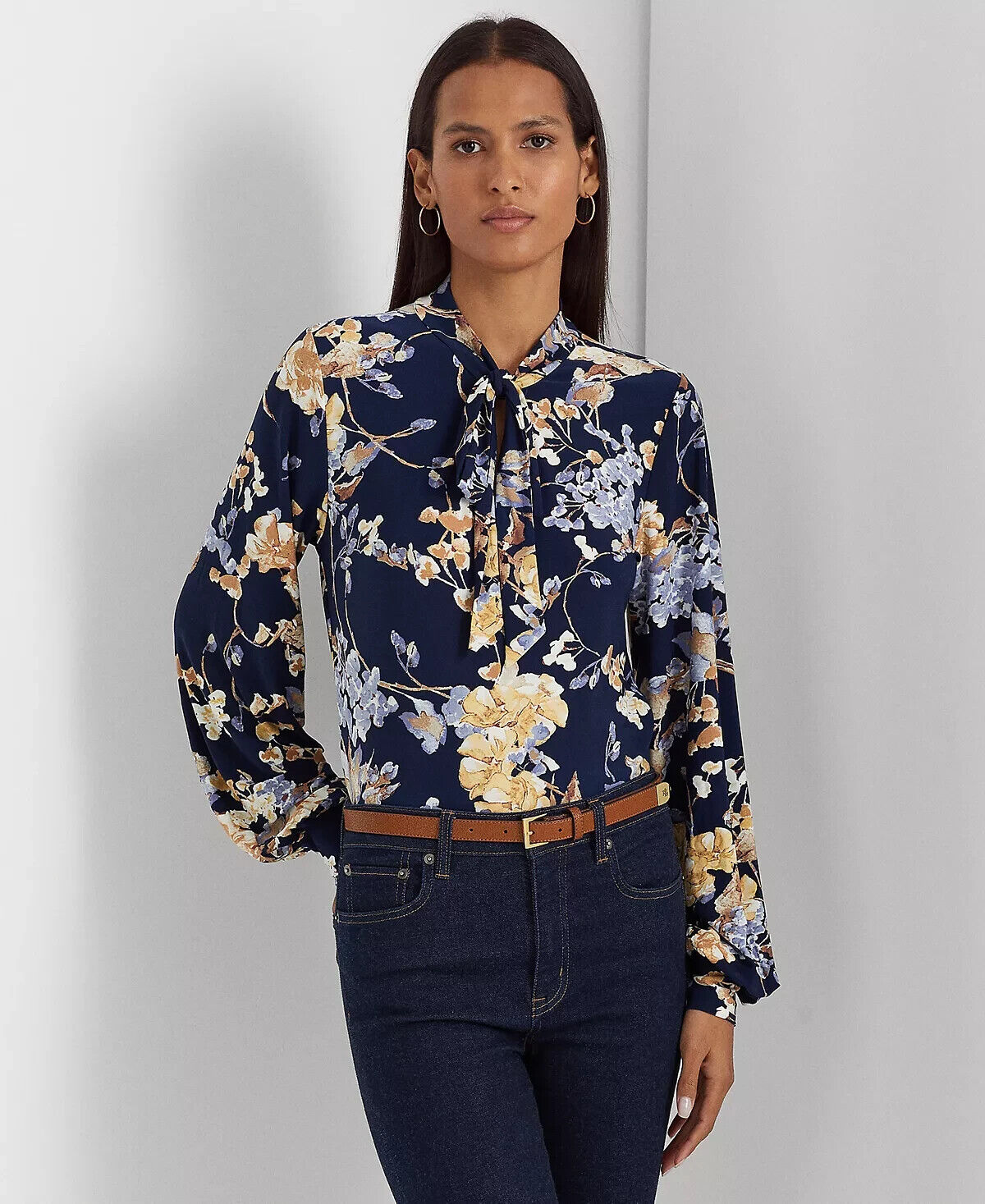 LAUREN RALPH LAUREN Women's Floral Tie-Neck Stretch Jersey Top Navy Size XS $125
