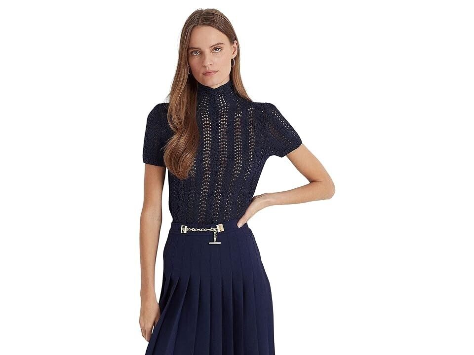 LAUREN Ralph Lauren Pointelle Short Sleeve Turtleneck (French Navy) Size M $145