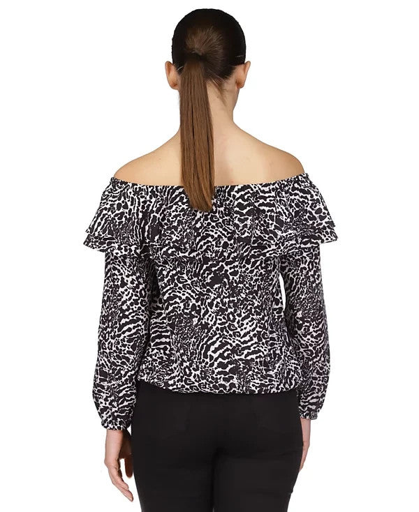 Michael Kors Women's Animal-Print Off-The-Shoulder Top Black Size XS MSRP $88