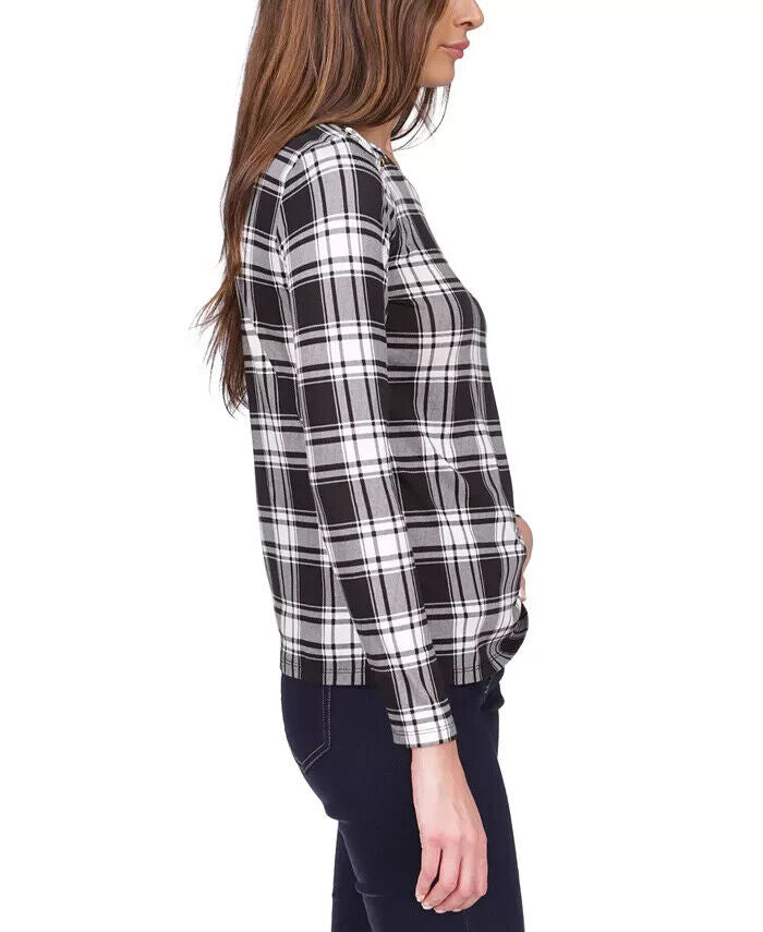 MICHAEL MICHAEL KORS Plaid Lace-Up Top Black Ivory Size XL MSRP $78