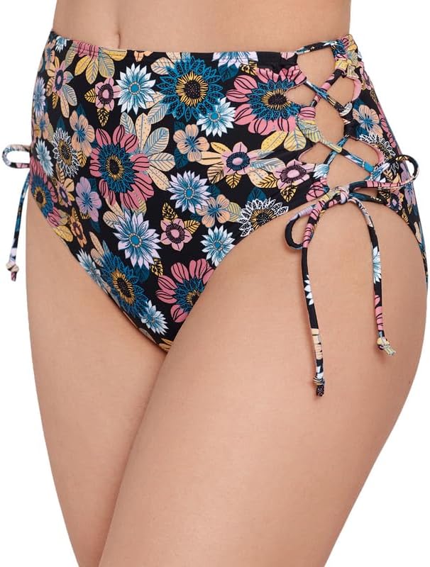 Salt + Cove Women's Juniors Lace-Side Bikini Bottoms Black Floral Multi, Size M