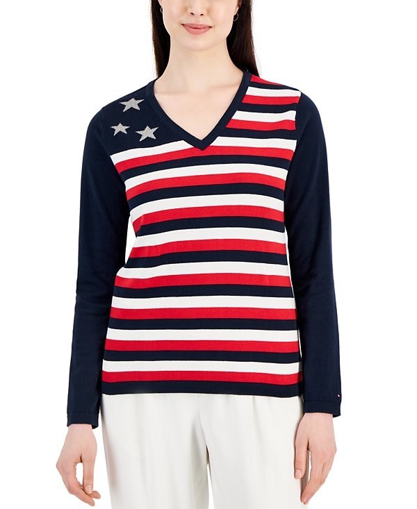Tommy Hilfiger Women's Cotton Colorblocked Flag V-Neck Sweater SZ XS $69.50