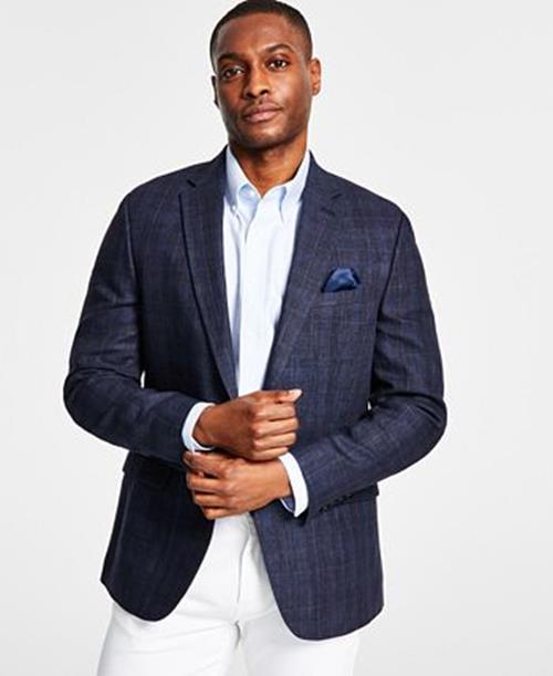 Bar III Mens Slim Fit Windowpane Sport Coat Navy Blue Windowpane Size 42L