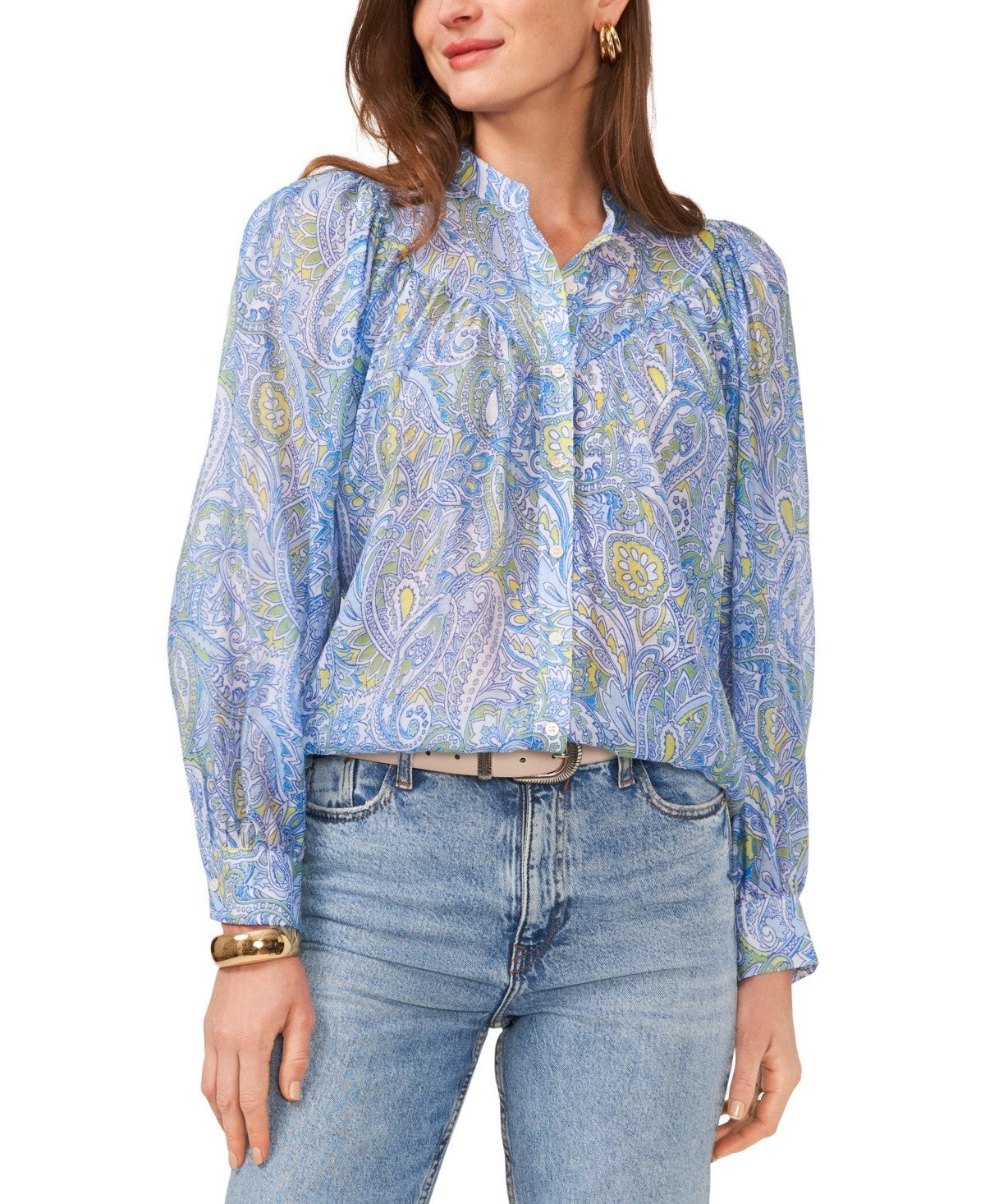 Vince Camuto Women Printed Raglan Sleeve Button-Front Top Blue Size XL MSRP $89