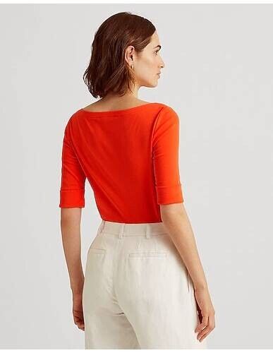 LAUREN RALPH LAUREN Stretch Cotton Boatneck Top T-shirt Orange Size XXS MSRP $45