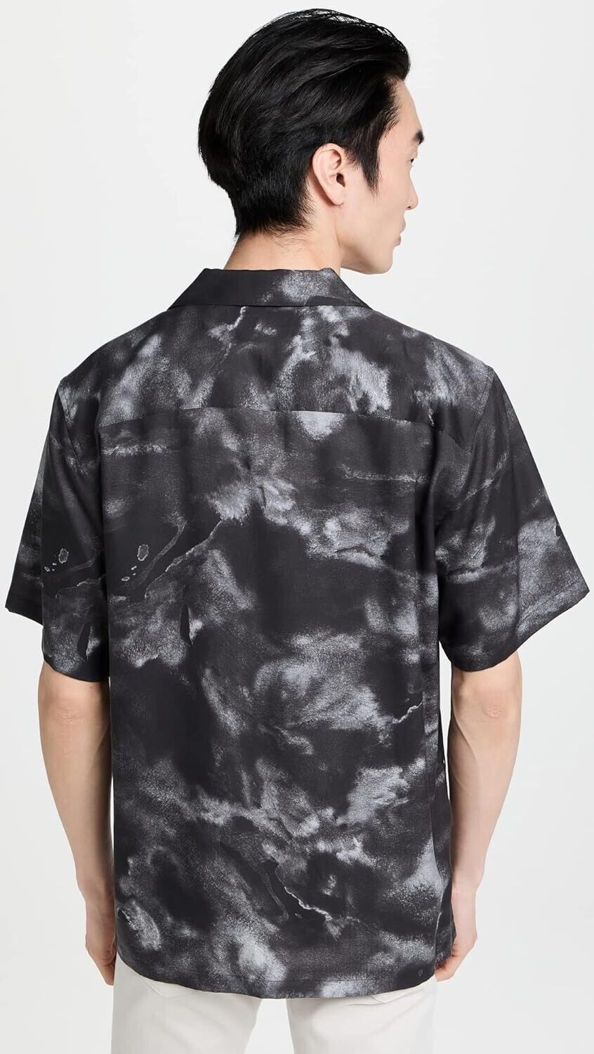 Theory Noll Cloud Print Short Sleeve Button-Up Camp Shirt in Black Size S $165