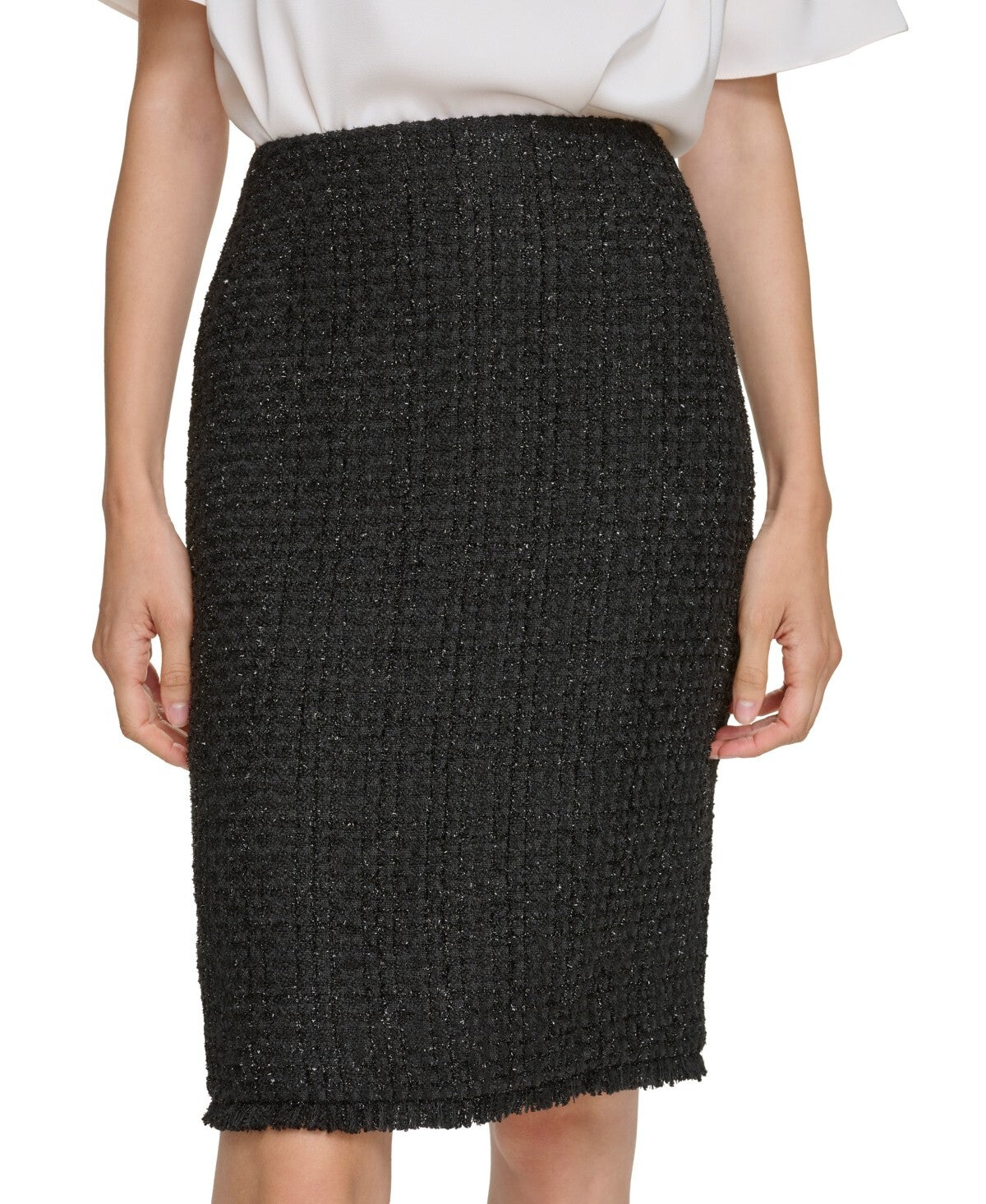 Calvin Klein Tweed Fringe-Trim Pencil Skirt Black Petite Size 2P MSRP $89