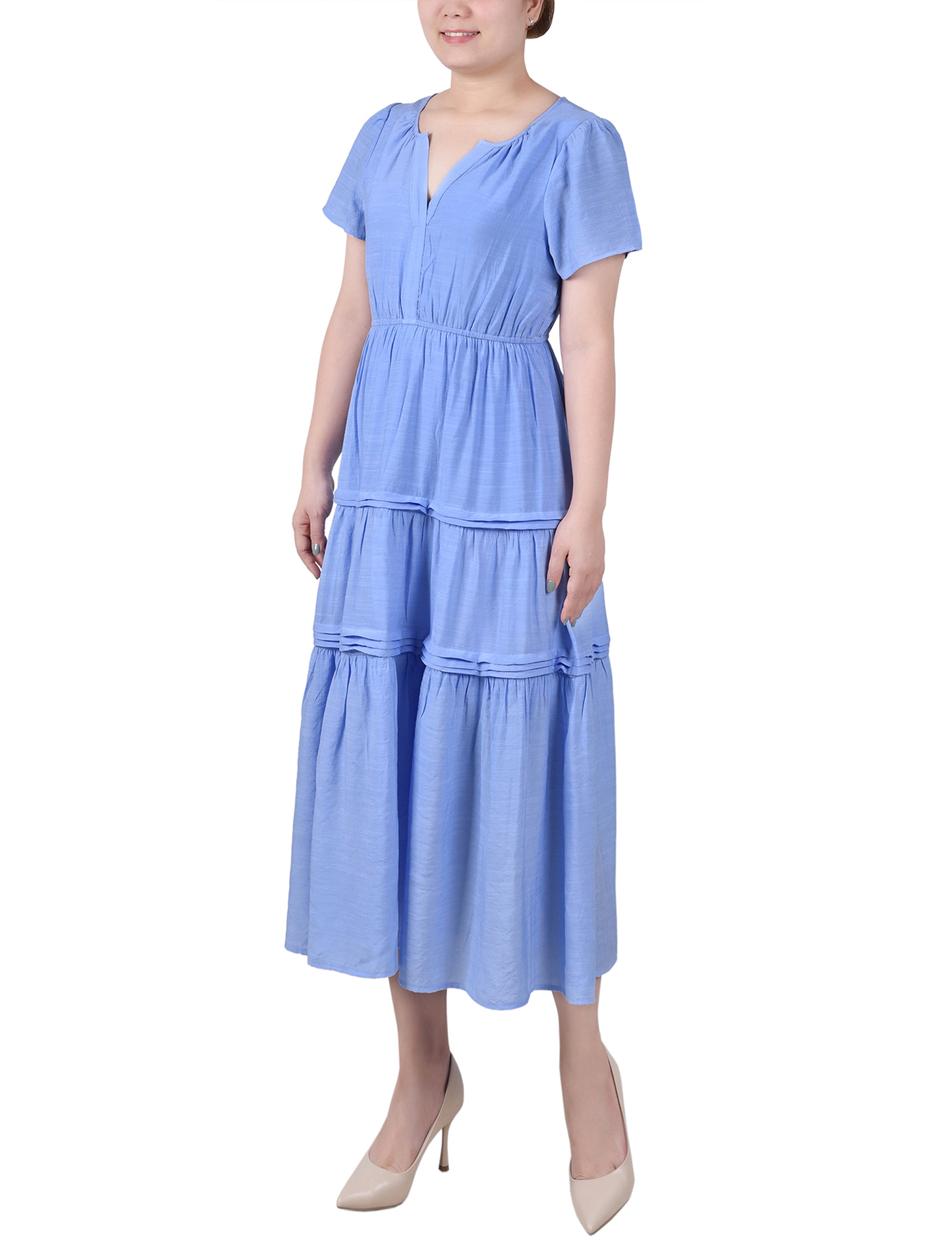 NY Collection Womens Petites Tiered Split Neck Midi Dress Blue Size PL MSRP $54