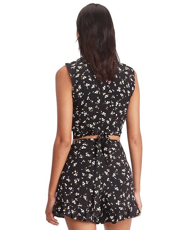Tommy Jeans Women's Floral-Print Cropped Ruffled Top BLACK Size M MSRP $70