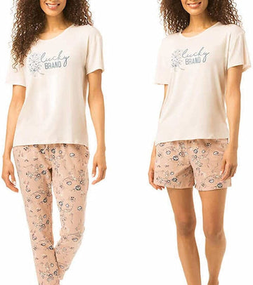 Lucky Brand Women's 3 Piece Pajama Set, Tee, Short, and Pant Pink Size L