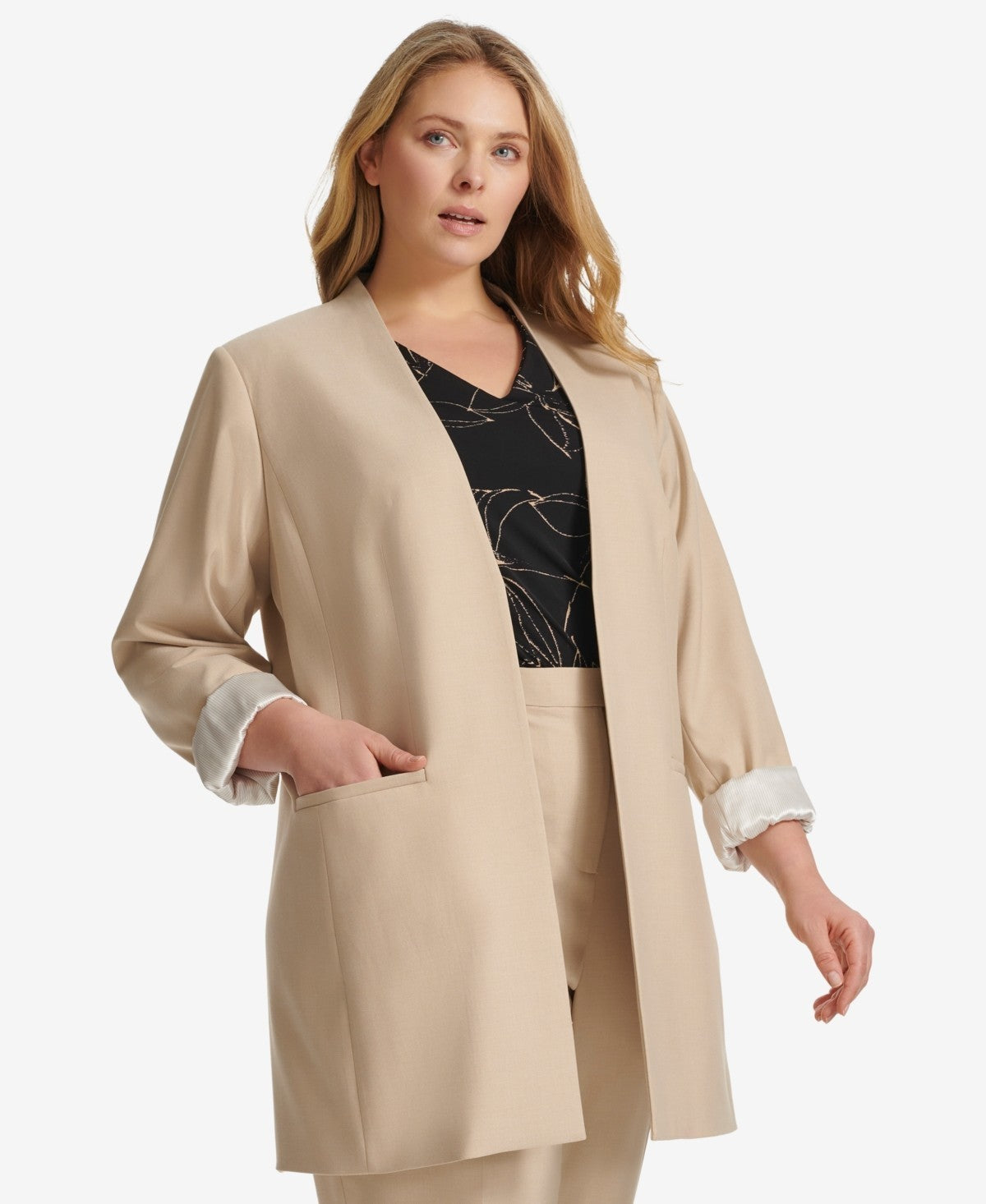 Calvin Klein Plus Size 16W 3/4-Sleeve Open-Front Blazer Beige MSRP $169
