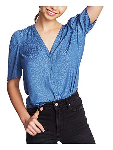 1. STATE Womens Blue Animal Print Pouf V Neck Blouse Wear to Work Top Size L