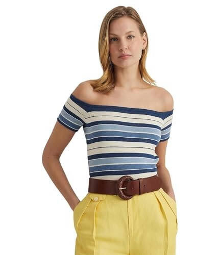 Lauren Ralph Lauren Womens Striped Off-The-Shoulder Top Blue Size M MSRP $125