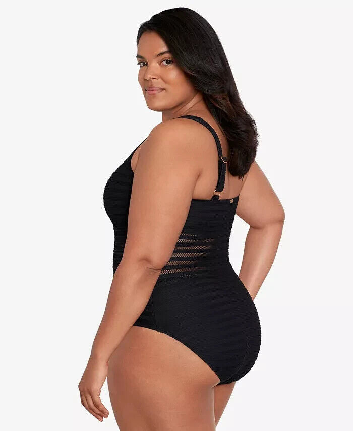 LAUREN RALPH LAUREN Illusion-Stripes One-Piece Swimsuit Black Plus Size 18W $170