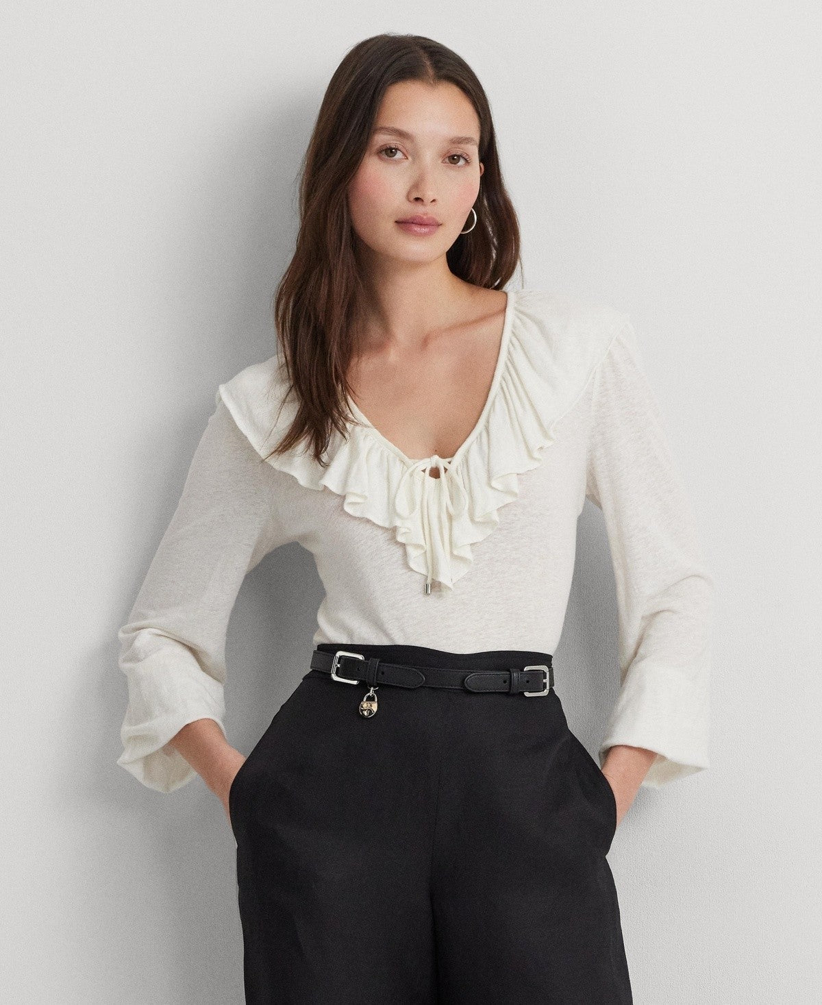 Lauren Ralph Lauren Women's Ruffled Blouson-Sleeve Top Ivory Size L MSRP $115