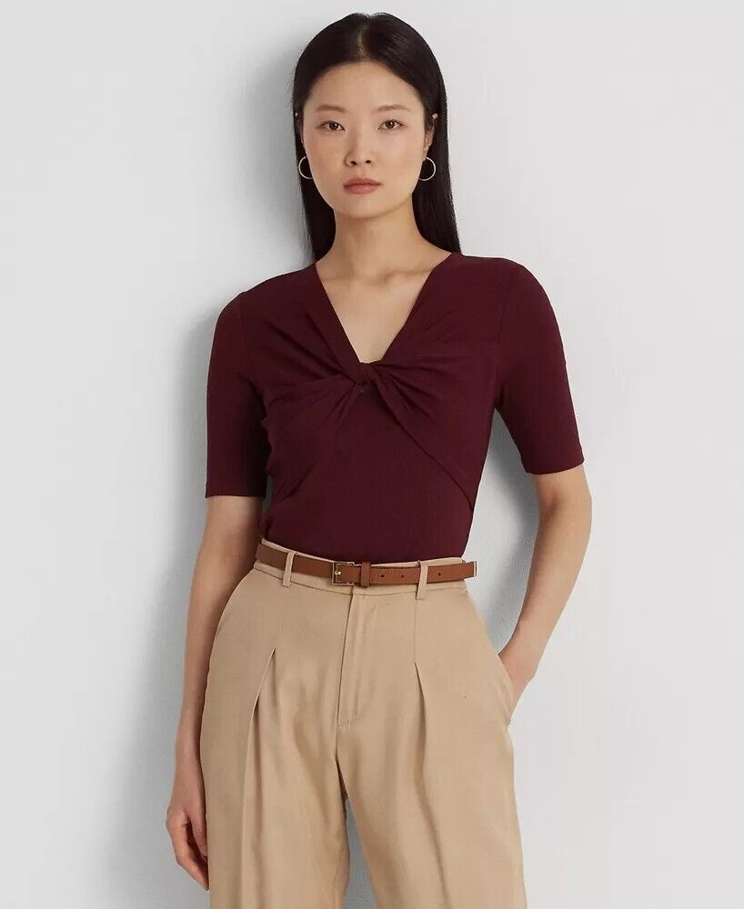 LAUREN RALPH LAUREN Twist-Front Rib-Knit Cotton-Blend T-Shirt Red Size XXL $90