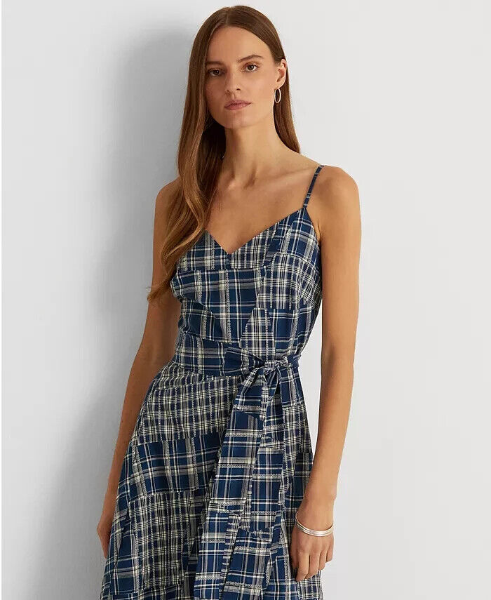 LAUREN RALPH LAUREN Patchwork Cotton Sleeveless Dress Blue Size 14 MSRP $265