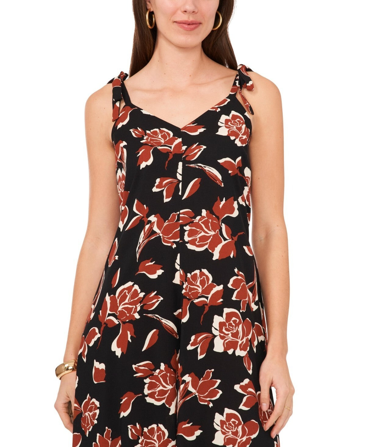 Vince Camuto Women's Floral Tie Shoulder Angled Hem Jumpsuit Black Brown Size L