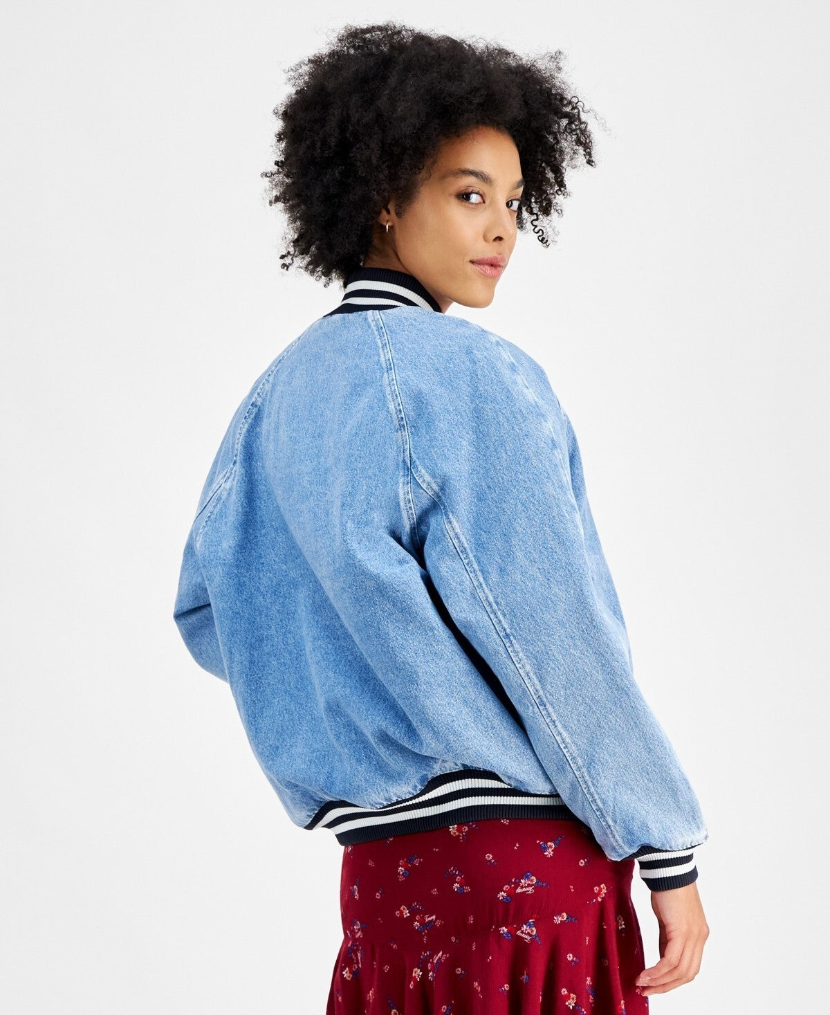 Tommy Jeans Women Denim Snap-Front Cotton Letterman Jacket BLUE Size S MSRP$239
