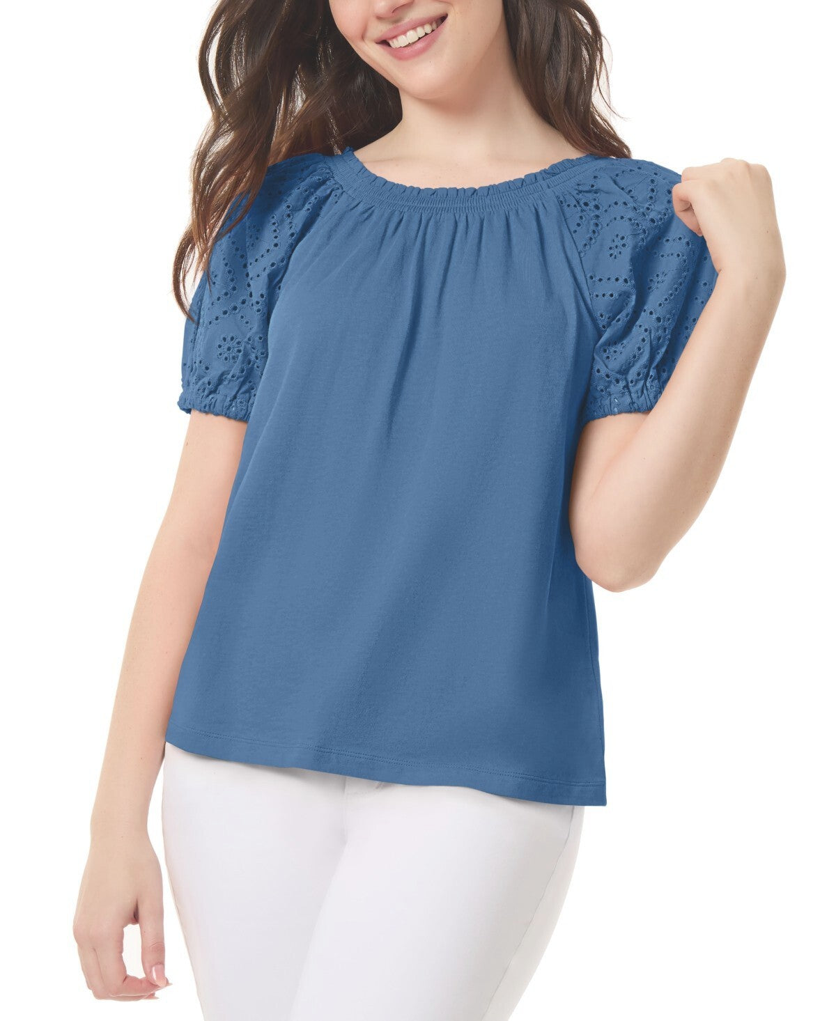 Jones New York Petite Embroidered-Sleeve Smocked-Neck Top Blue Size PS MSRP $70
