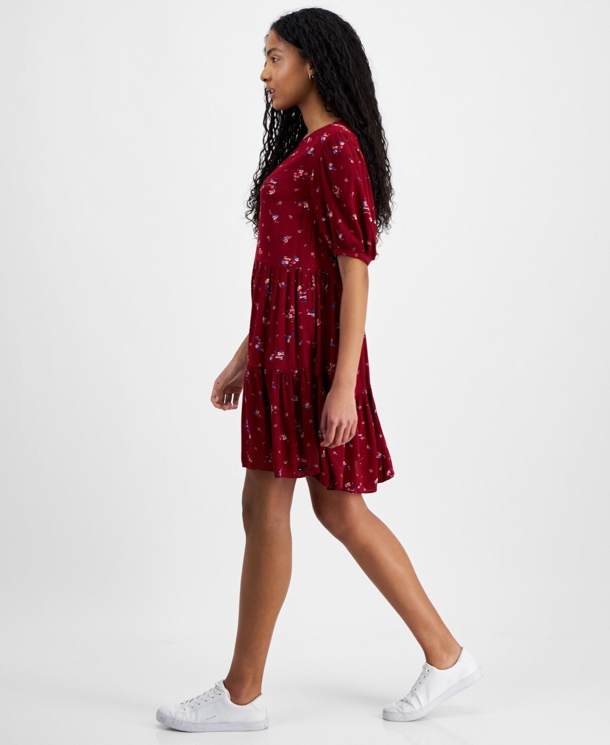 Tommy Jeans Womens Floral-Print Tiered A-Line Dress Red BURGUNDY Size L MSRP $90