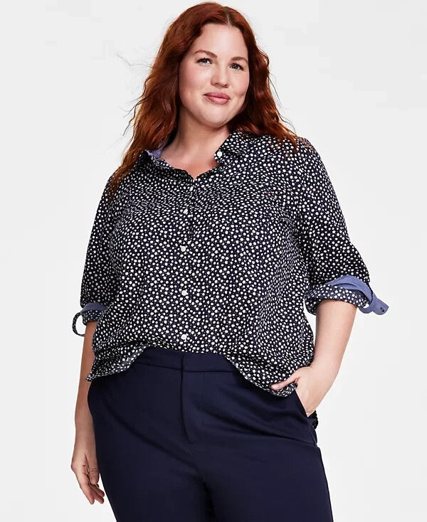 Tommy Hilfiger Plus Size Cotton Printed Roll-Tab Shirt BLACK Size 0X MSRP $80