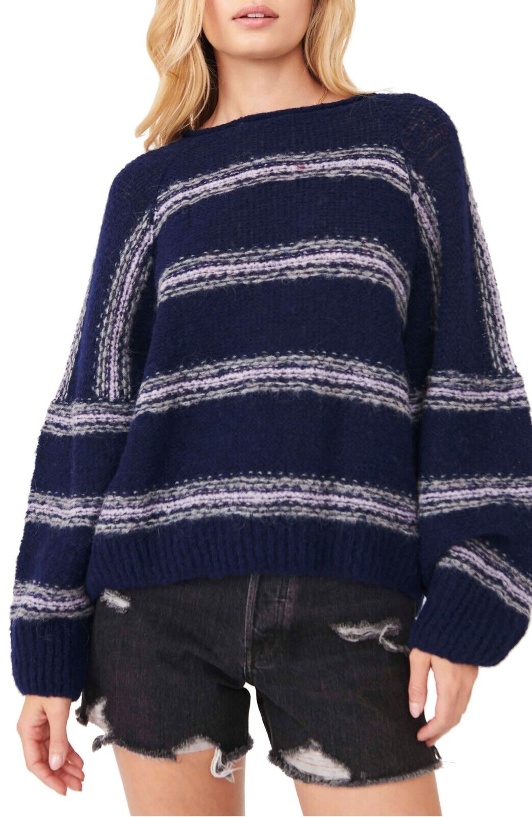 Free People Hockley Stripe Sweater in Moonlight Blue Size M MSRP $148