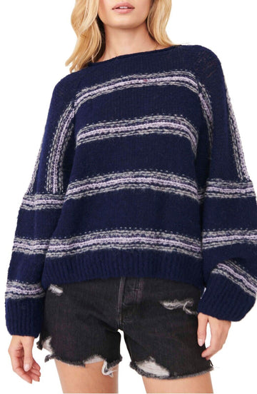 Free People Hockley Stripe Sweater in Moonlight Blue Size M MSRP $148