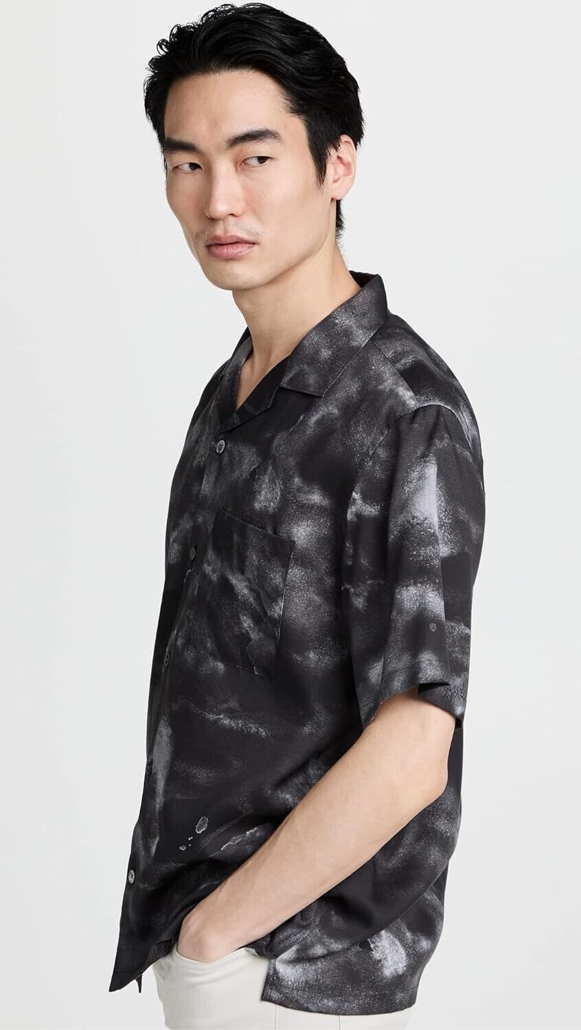 Theory Noll Cloud Print Short Sleeve Button-Up Camp Shirt in Black Size S $165