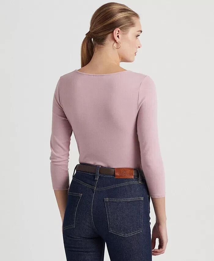 LAUREN RALPH LAUREN Women's Lace-Trim Stretch Cotton Top Pink Size S MSRP $100