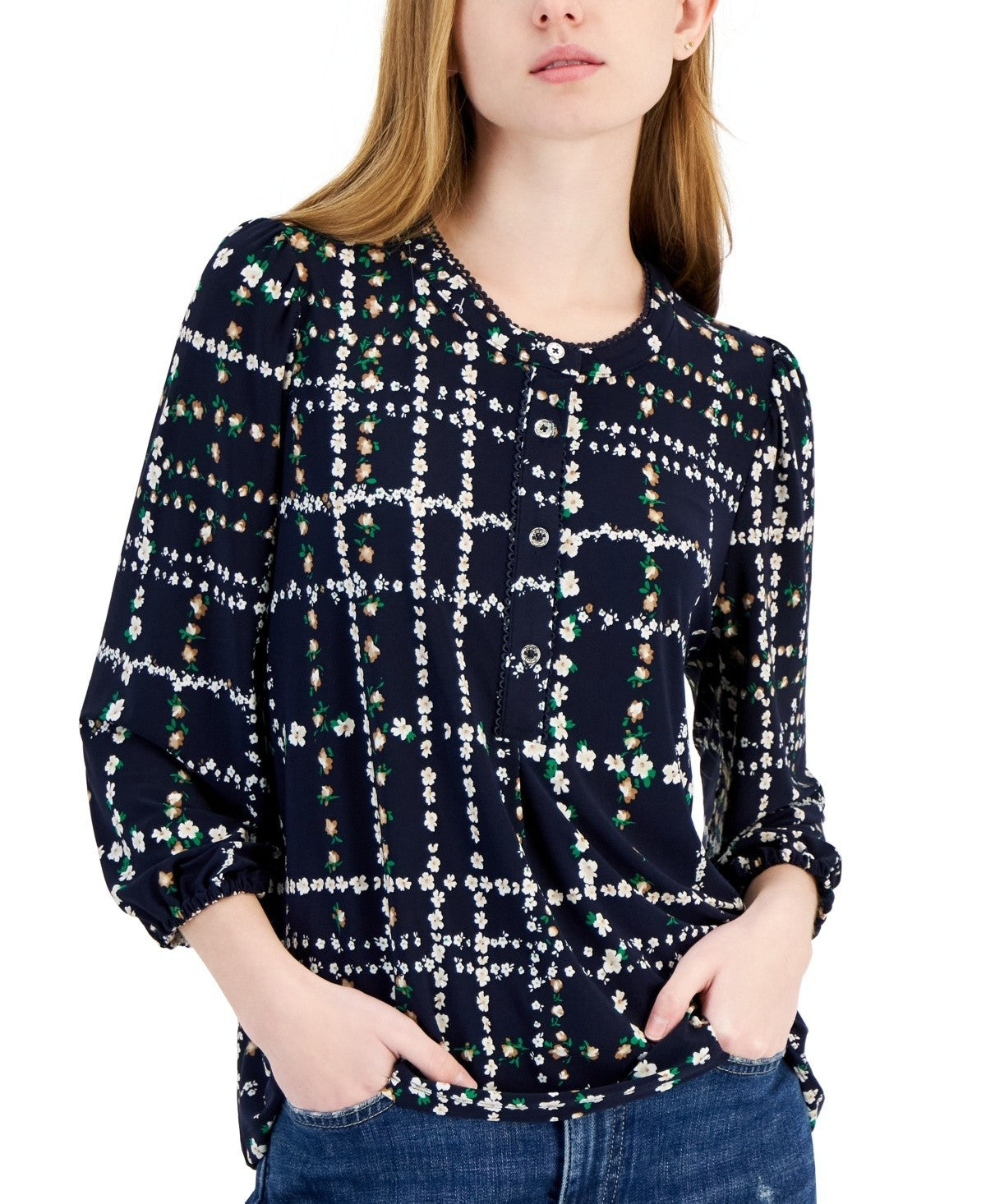 Tommy Hilfiger Women's Floral-Print Popover Blouse SIZE S NAVY MSRP $79