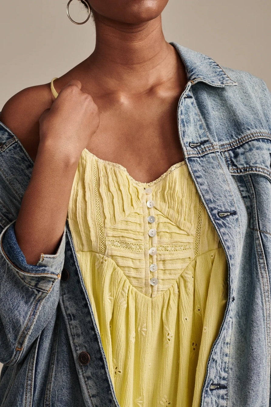 Lucky Brand pintuck bodice tiered mini dress Lemon Yellow Size L MSRP $119