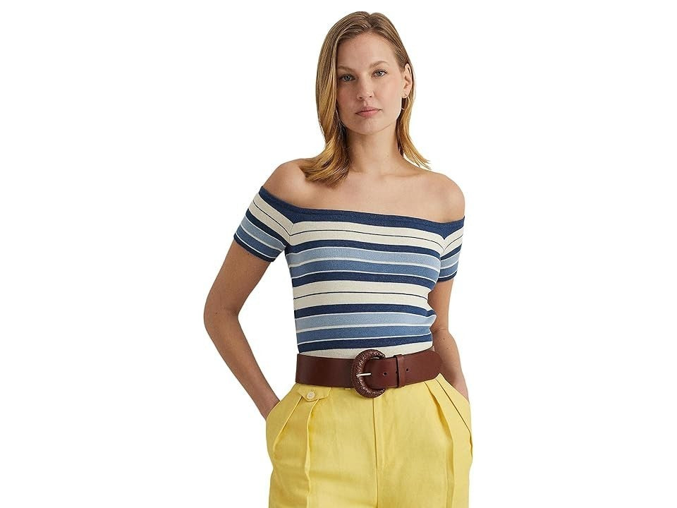 Lauren Ralph Lauren Womens Striped Off-The-Should Blue Size XXL MSRP $125