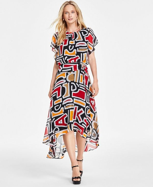 Karl Lagerfeld Paris Black Printed High/Low Flutter Sleeve Dress SZ 14 SALE $158