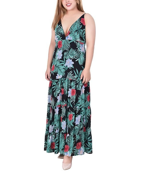 NY Collection Plus Size Spaghetti Strap Maxi Dress Green Size 1X