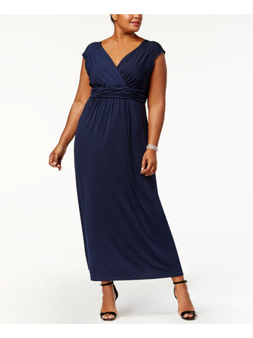 NY COLLECTION Womens Navy Ruched Sleeveless V Neck Maxi Empire Dress Plus 2X
