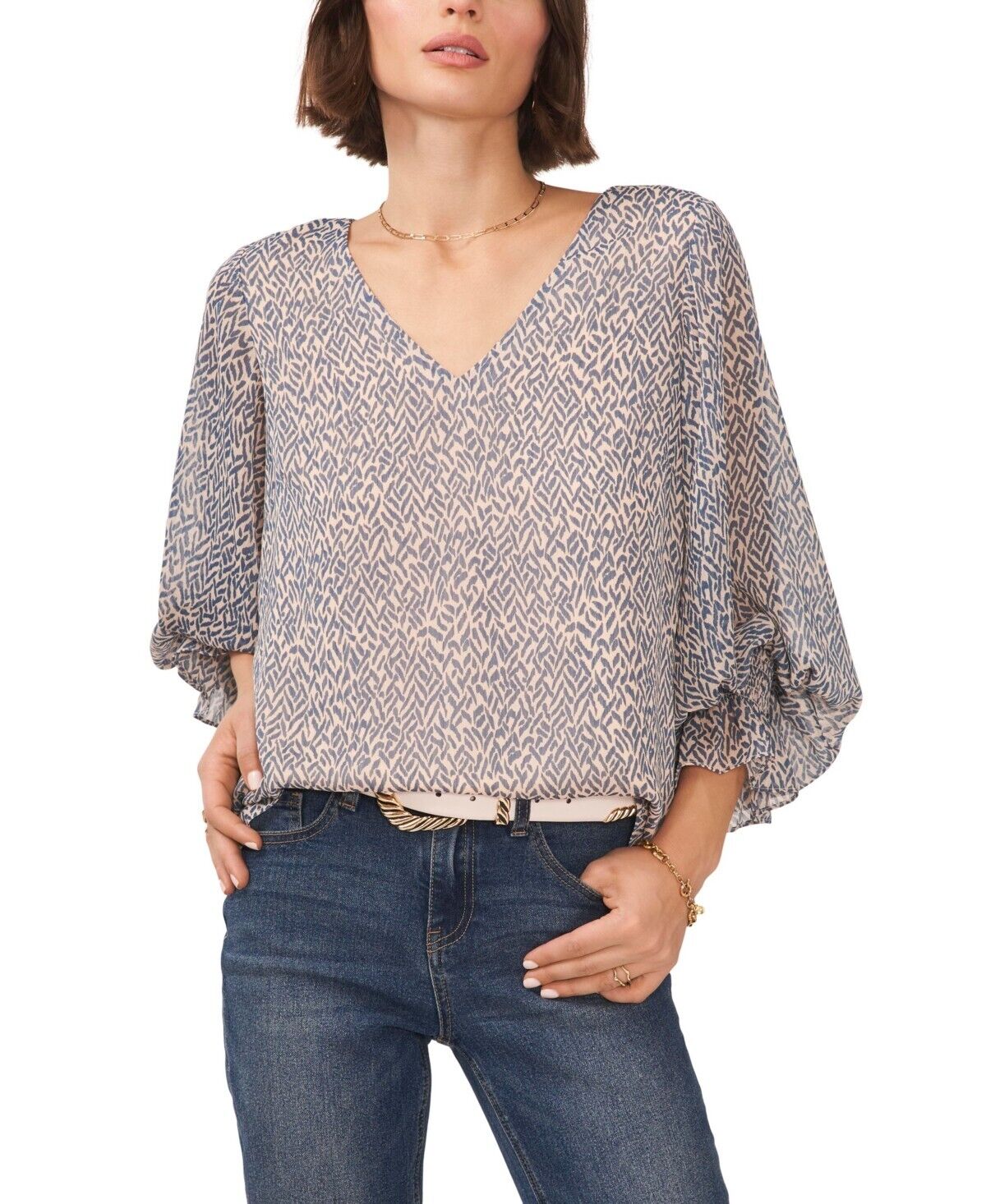 Vince Camuto Women's V-neck Blouson Sleeve Blouse Blue Size M MSRP $79