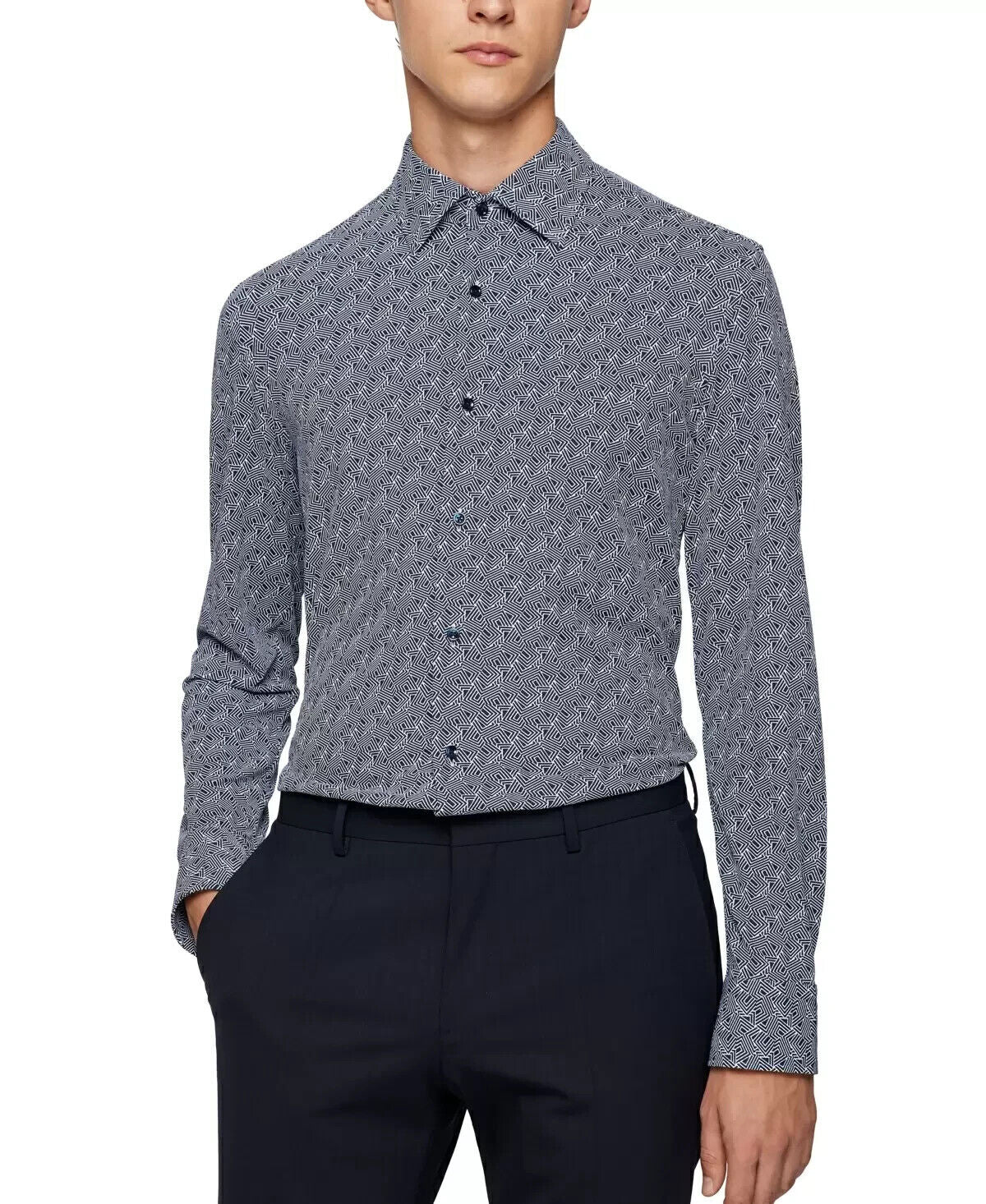 HUGO BOSS Men's Hank Slim Fit Geo Print Shirt Black Size 16 (Large) MSRP $198