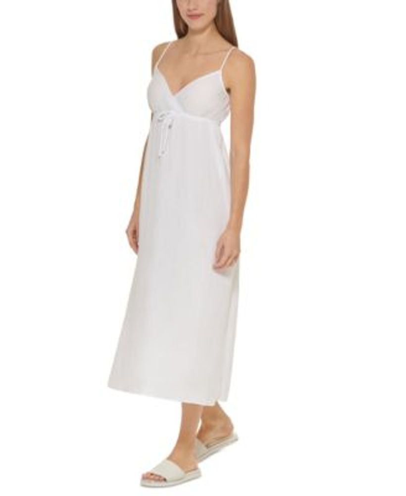 DKNY Women's V Neck Front Tie Maxi Dress Cover Up Swimsuit White Size S