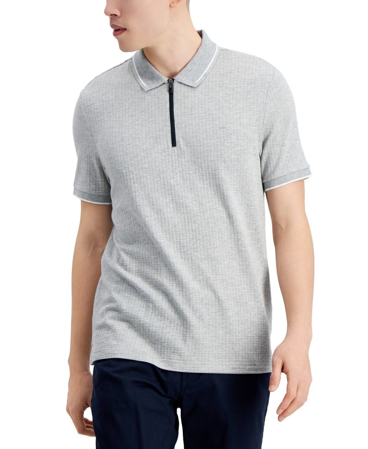 MICHAEL KORS Men's Waffle-Jacquard Front-Zip Polo Gray Size S MSRP $118