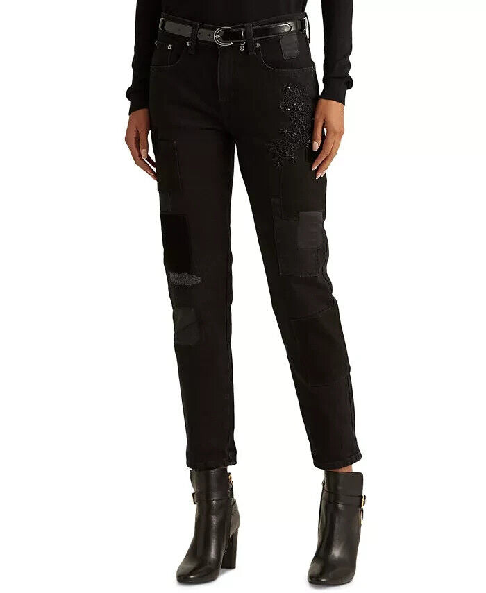 Ralph Lauren Women Patchwork Relaxed Tapered Jeans Wash Black Size 10 MSRP $175