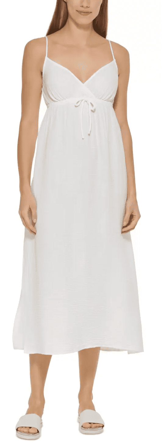 DKNY Women's V Neck Front Tie Maxi Dress Cover Up Swimsuit White Size XL