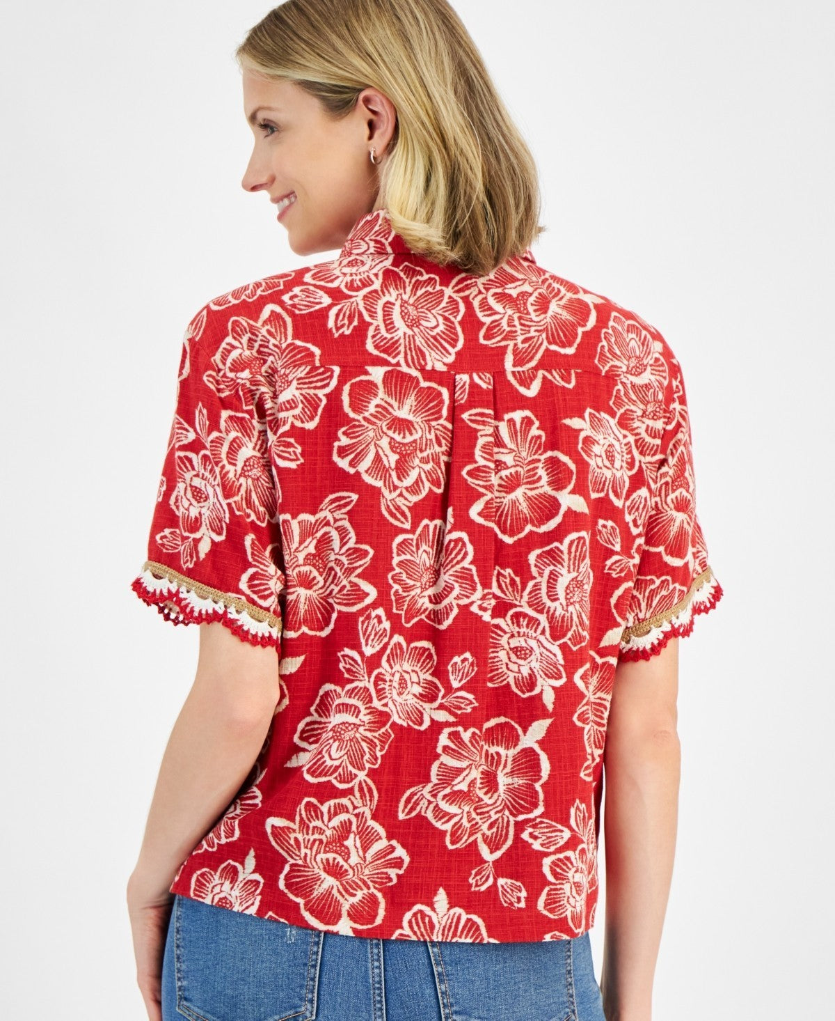 Nautica Jeans Women's Floral-Print Crochet-Trim Short-Sleeve Shirt Red Size XL