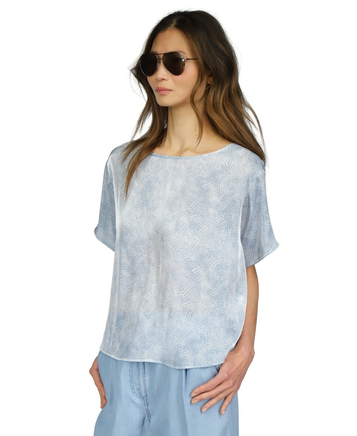 MICHAEL MICHAEL KORS Petite Petal-Print Short-Sleeve Top Blue Size PXS